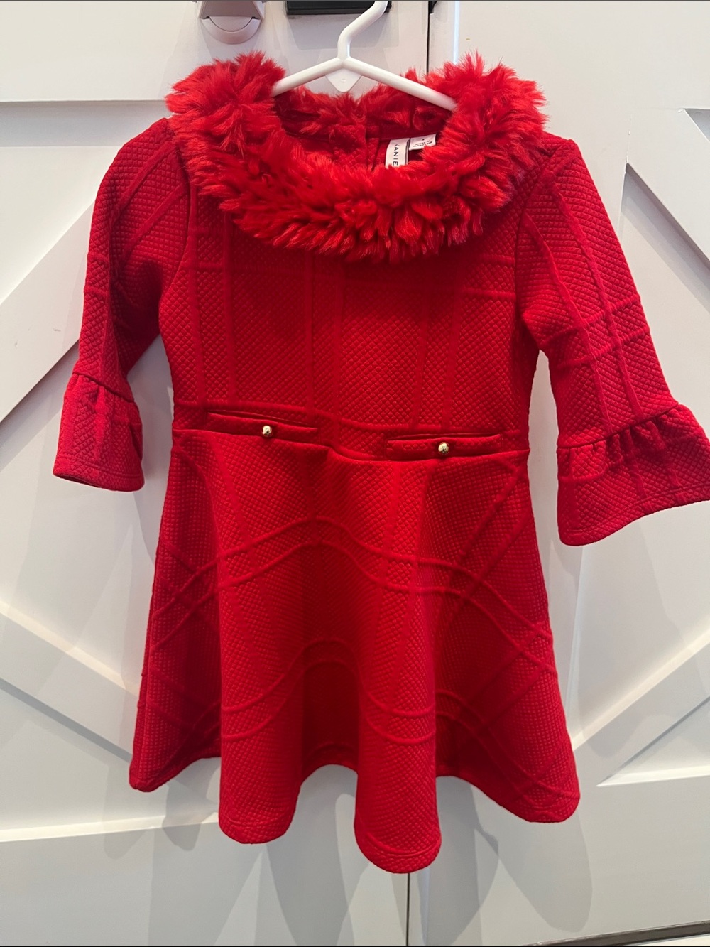 Janie and Jack Red Textured Faux-Fur Collar Holiday Dress size 3